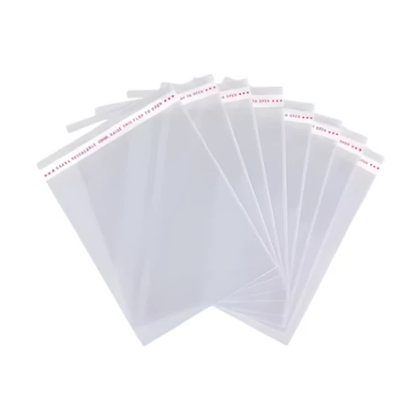 Átlátszó OPP celofán tasak ragasztócsíkkal 80x120+30 mm méretben